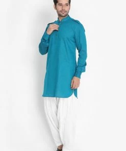 Vastramay Men's Dark Green Cotton Blend Kurta And Patiala Set Kurta Sets