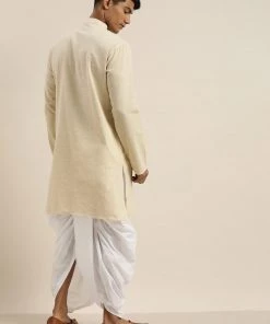 VASTRAMAY Men's Beige Pure Cotton Kurta With Dhoti Pants Kurta Sets