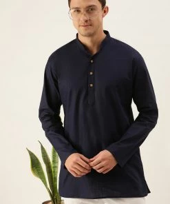 VASTRAMAY Men's Navy Blue Cotton Kurta