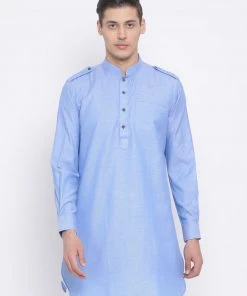VASTRAMAY Men's Blue Cotton Blend Kurta Pathani