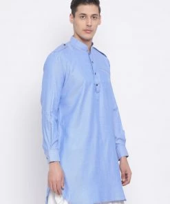 VASTRAMAY Men's Blue Cotton Blend Kurta Pathani