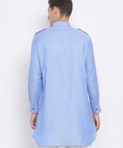 VASTRAMAY Men's Blue Cotton Blend Kurta Pathani