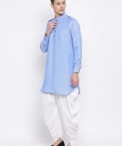 VASTRAMAY Men's Blue Cotton Blend Kurta And Dhoti Set