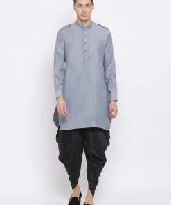 VASTRAMAY Men's Grey Cotton Blend Kurta And Black Dhoti Set