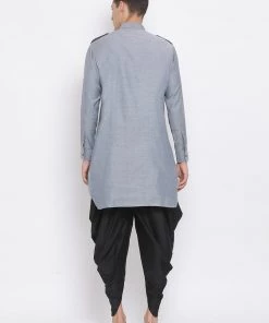 VASTRAMAY Men's Grey Cotton Blend Kurta And Black Dhoti Set