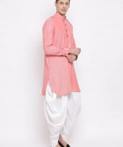 Vastramay Men's Red Cotton Blend Kurta And Dhoti Set