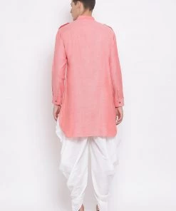 Vastramay Men's Red Cotton Blend Kurta And Dhoti Set