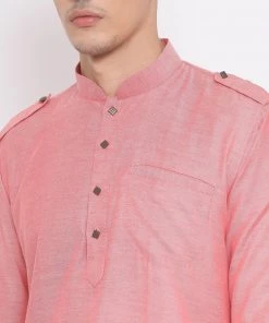 Vastramay Men's Red Cotton Blend Kurta And Dhoti Set