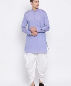 Vastramay Men's Blue Cotton Blend Kurta And Dhoti Set