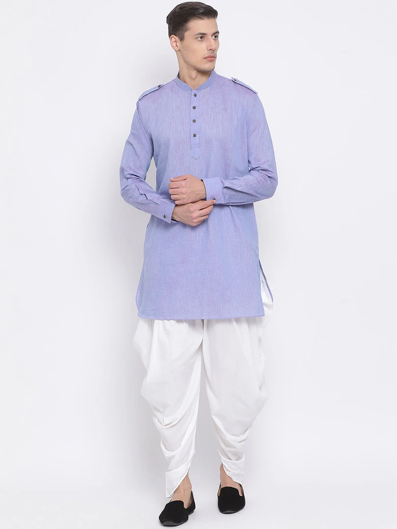 Vastramay Men's Blue Cotton Blend Kurta And Dhoti Set 3 Vastramay Men's Blue Cotton Blend Kurta And Dhoti Set