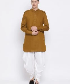 Vastramay Men's Brown Cotton Blend Kurta And White Dhoti Set