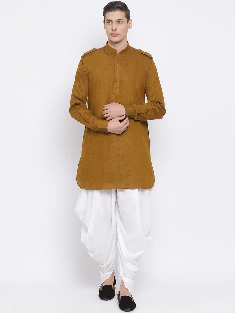 Vastramay Men's Brown Cotton Blend Kurta And White Dhoti Set 3 Vastramay Men's Brown Cotton Blend Kurta And White Dhoti Set