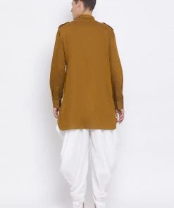 Vastramay Men's Brown Cotton Blend Kurta And White Dhoti Set 10 Vastramay Men's Brown Cotton Blend Kurta And White Dhoti Set