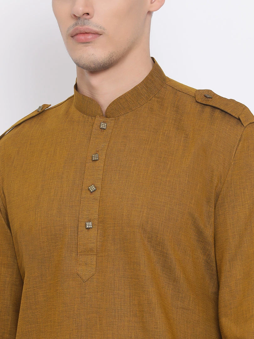 Vastramay Men's Brown Cotton Blend Kurta And White Dhoti Set 6 Vastramay Men's Brown Cotton Blend Kurta And White Dhoti Set