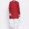 Vastramay Men's Maroon Cotton Blend Kurta And White Dhoti Set