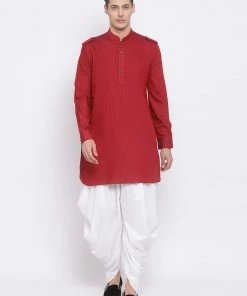 Vastramay Men's Maroon Cotton Blend Kurta And White Dhoti Set