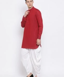 Vastramay Men's Maroon Cotton Blend Kurta And White Dhoti Set