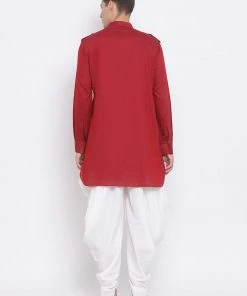 Vastramay Men's Maroon Cotton Blend Kurta And White Dhoti Set