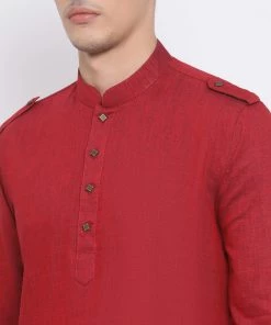 Vastramay Men's Maroon Cotton Blend Kurta And White Dhoti Set