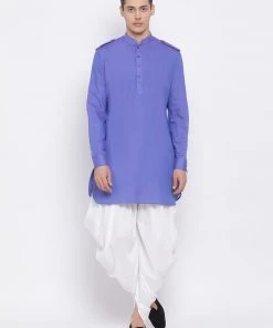 Vastramay Men's Purple Cotton Blend Kurta And White Dhoti Set