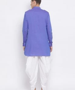 Vastramay Men's Purple Cotton Blend Kurta And White Dhoti Set