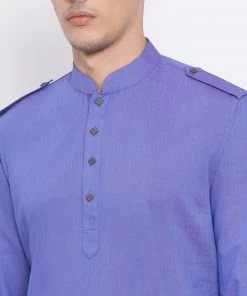 Vastramay Men's Purple Cotton Blend Kurta And White Dhoti Set