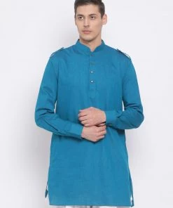 VASTRAMAY Men's Turquoise Blue Cotton Blend Kurta