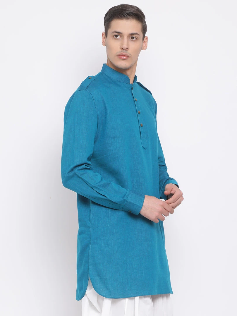 VASTRAMAY Men's Turquoise Blue Cotton Blend Kurta 4 VASTRAMAY Men's Turquoise Blue Cotton Blend Kurta