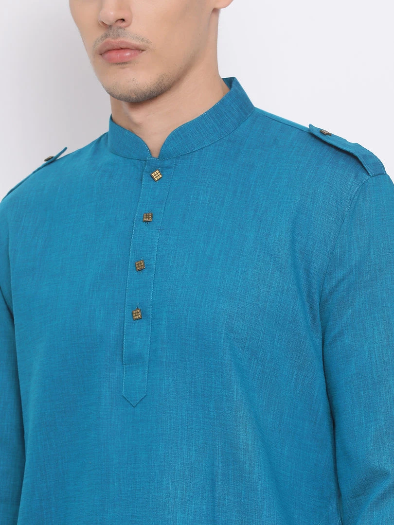 VASTRAMAY Men's Turquoise Blue Cotton Blend Kurta 6 VASTRAMAY Men's Turquoise Blue Cotton Blend Kurta