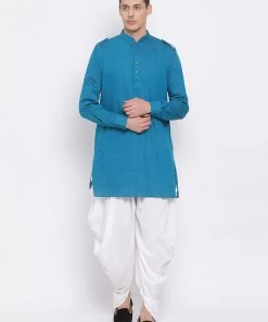 VASTRAMAY Men's Turquoise Blue Cotton Blend Kurta And White Dhoti Set