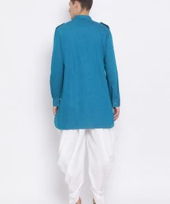 VASTRAMAY Men's Turquoise Blue Cotton Blend Kurta And White Dhoti Set
