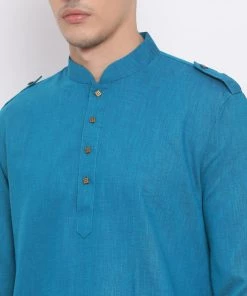 VASTRAMAY Men's Turquoise Blue Cotton Blend Kurta And White Dhoti Set