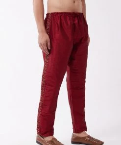 VASTRAMAY Men's Maroon Silk Blend Embroidered Pyjama