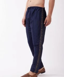 VASTRAMAY Men's Navy Blue Silk Blend Embroidered Pyjama