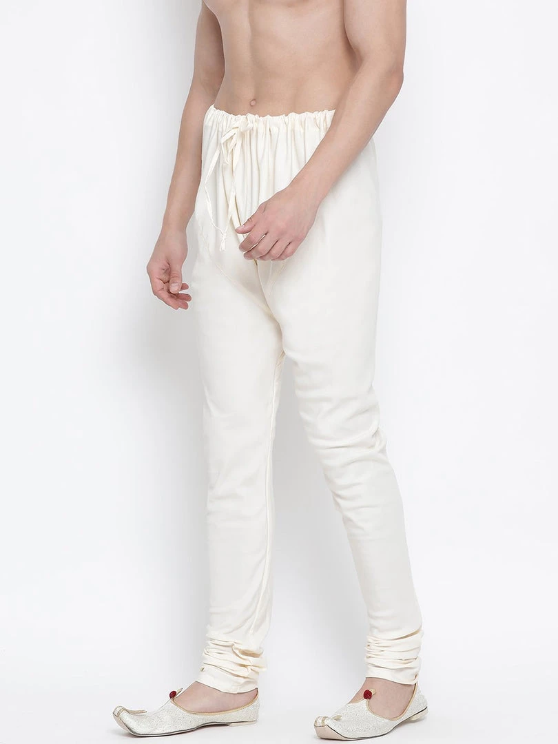 Vastramay Men's White Cotton Silk Blend Churidar 4 Vastramay Men's White Cotton Silk Blend Churidar