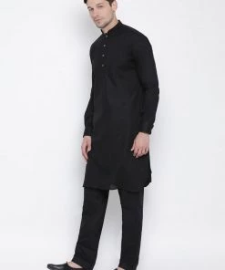 Vastramay Men's Black Cotton Blend Pathani Suit Set