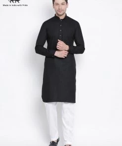 VASTRAMAY Men's Black Cotton Blend Pathani Suit Set
