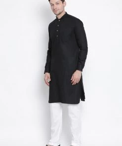 VASTRAMAY Men's Black Cotton Blend Pathani Suit Set