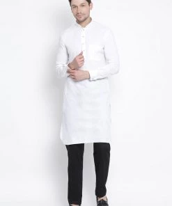 VASTRAMAY Men's White Cotton Blend Pathani Suit Set