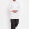 VASTRAMAY Men's White And Black Cotton Linen Blend Pathani Kurta Set Kurta Sets
