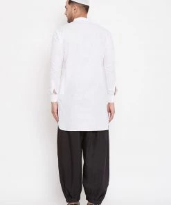 VASTRAMAY Men's White And Black Cotton Linen Blend Pathani Kurta Set Kurta Sets