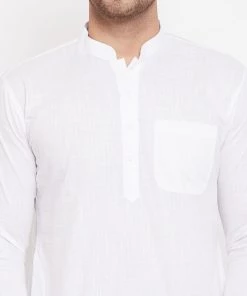 VASTRAMAY Men's White And Black Cotton Linen Blend Pathani Kurta Set Kurta Sets