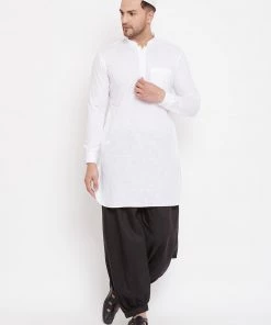 VASTRAMAY Men's White And Black Cotton Linen Blend Pathani Kurta Set Kurta Sets