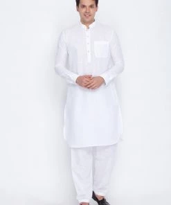 VASTRAMAY Men's White Cotton Blend Pathani Suit Set