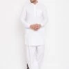 Kurta Sets VASTRAMAY Men's White Cotton Linen Blend Pathani Kurta Set With Prayer Cap