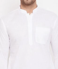 Kurta Sets VASTRAMAY Men's White Cotton Linen Blend Pathani Kurta Set With Prayer Cap