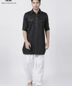 Vastramay Men's Black Cotton Blend Pathani Suit Set