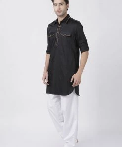 Vastramay Men's Black Cotton Blend Pathani Suit Set