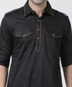 Vastramay Men's Black Cotton Blend Pathani Suit Set