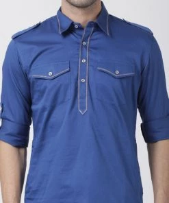 Vastramay Men's Blue Cotton Blend Kurta
